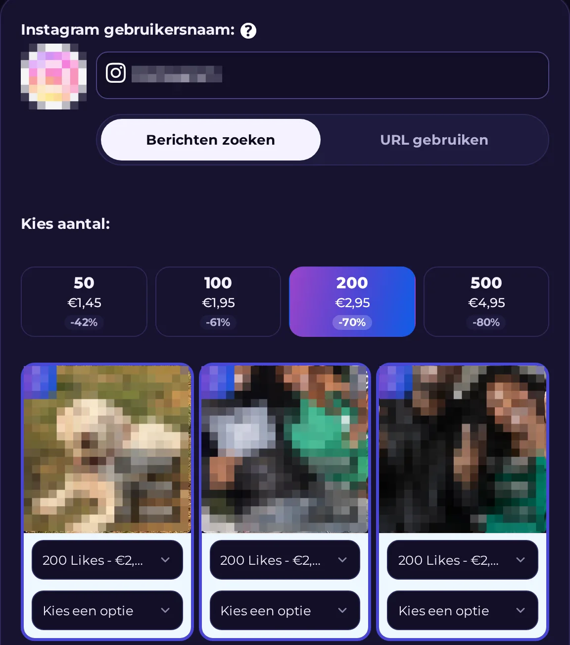 Postkiezer bij het bestellen van Instagram likes: na het invullen van je gebruikersnaam verschijnen je laatste posts en kies je er een