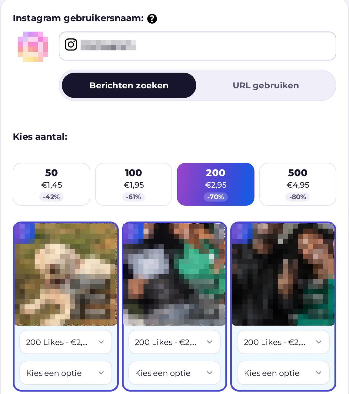Postkiezer bij het bestellen van Instagram likes: na het invullen van je gebruikersnaam verschijnen je laatste posts en kies je er een