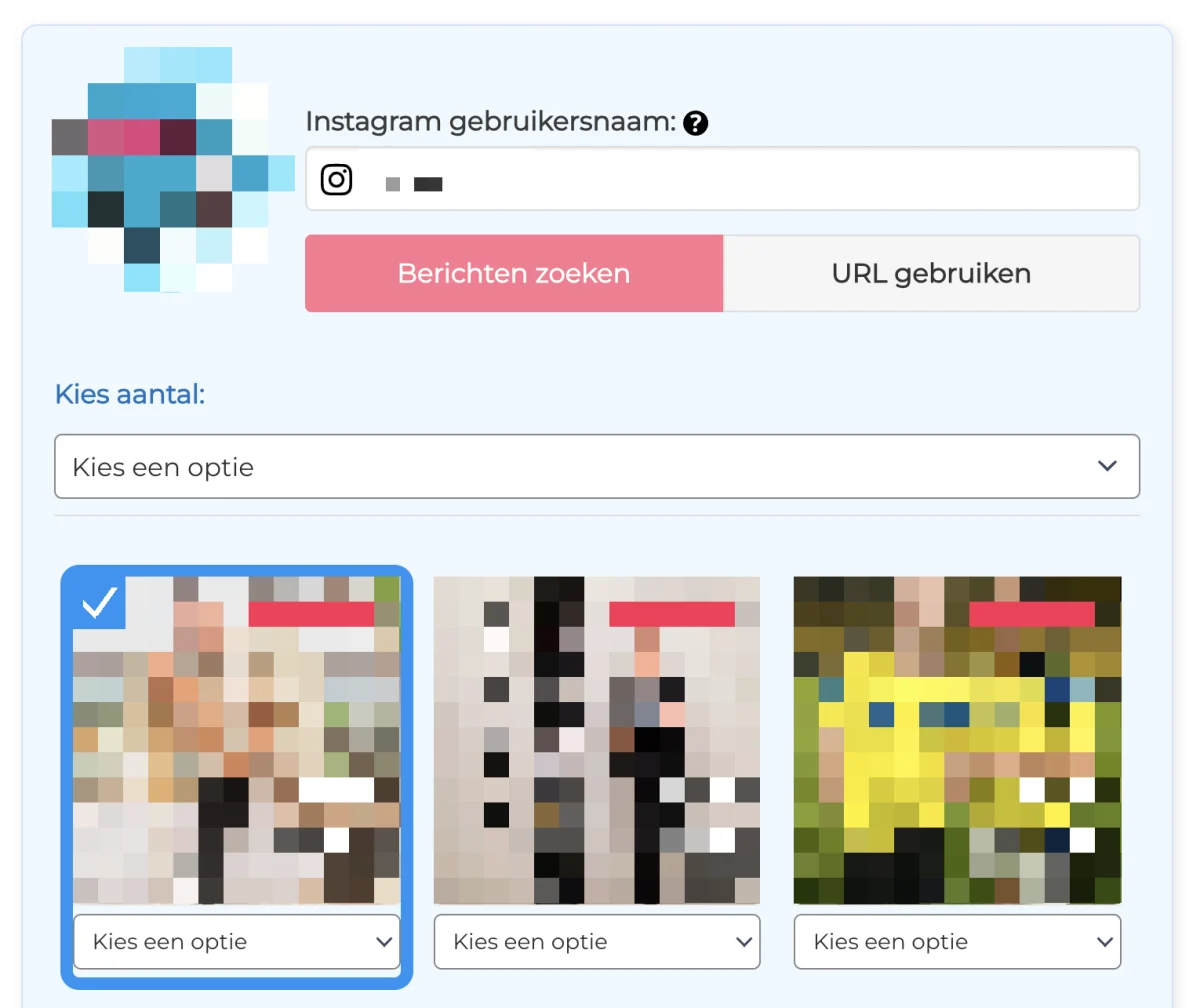 Postkiezer bij het bestellen van Instagram likes: na het invullen van je gebruikersnaam verschijnen je laatste posts en kies je er een