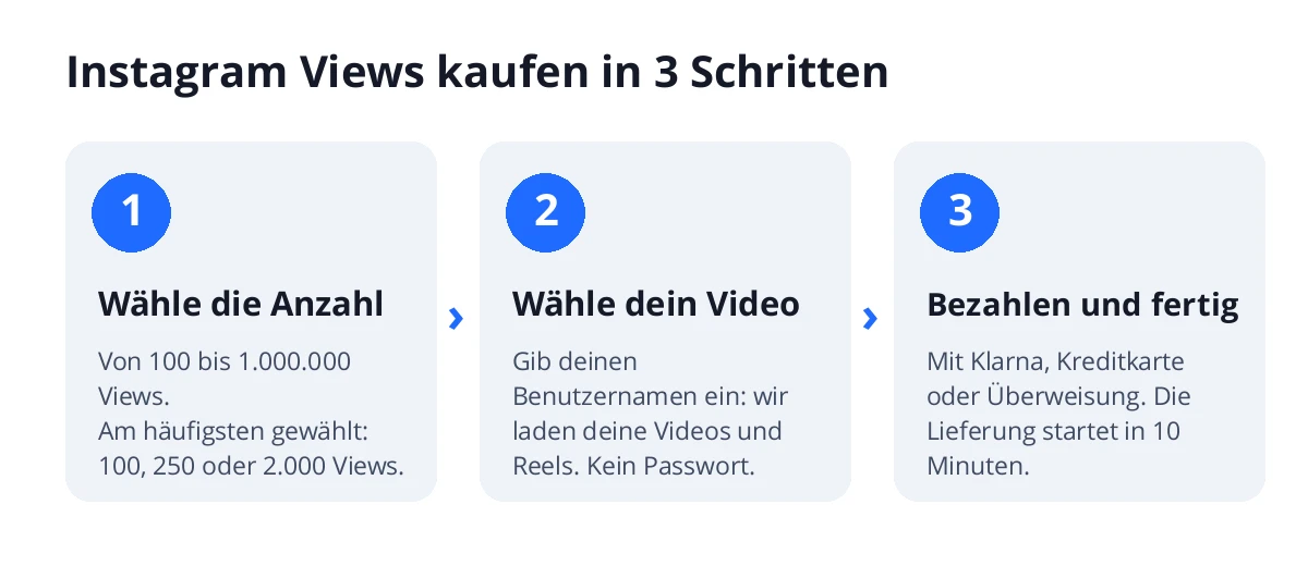 Instagram Views kaufen in 3 Schritten: Anzahl wählen, Video oder Reel über deinen Benutzernamen auswählen und bezahlen