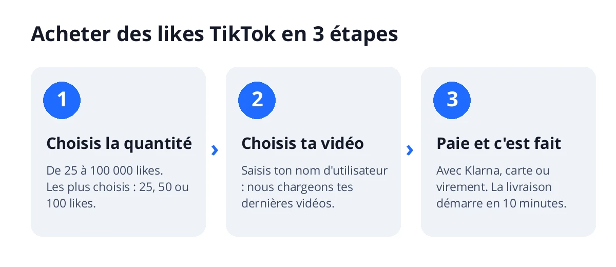 Acheter des likes TikTok en 3 étapes : choisis le nombre, choisis ta vidéo via ton nom d'utilisateur et paie