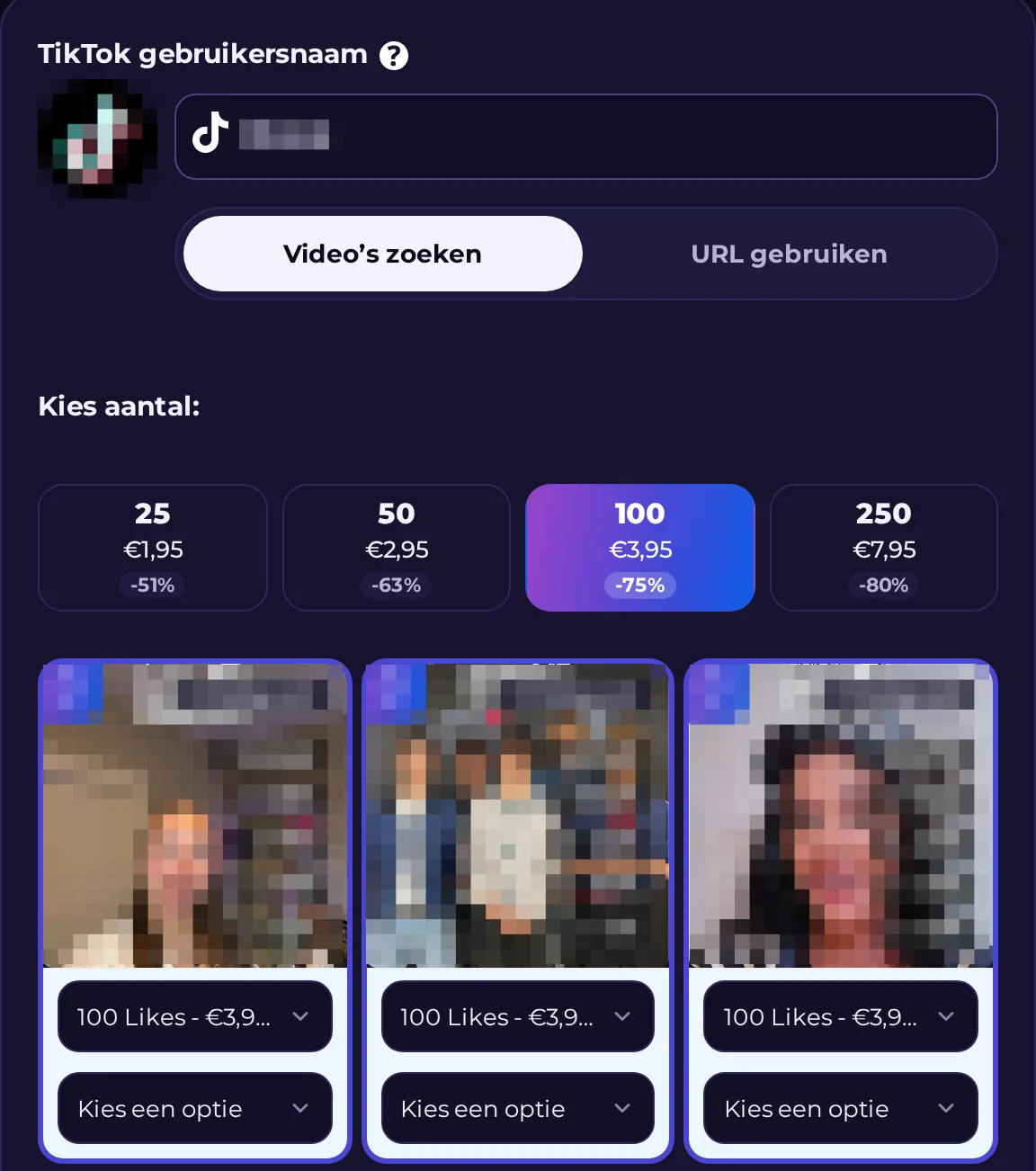 Videokiezer bij het bestellen van TikTok likes: je laatste video's worden opgehaald en je kiest met één klik de juiste video