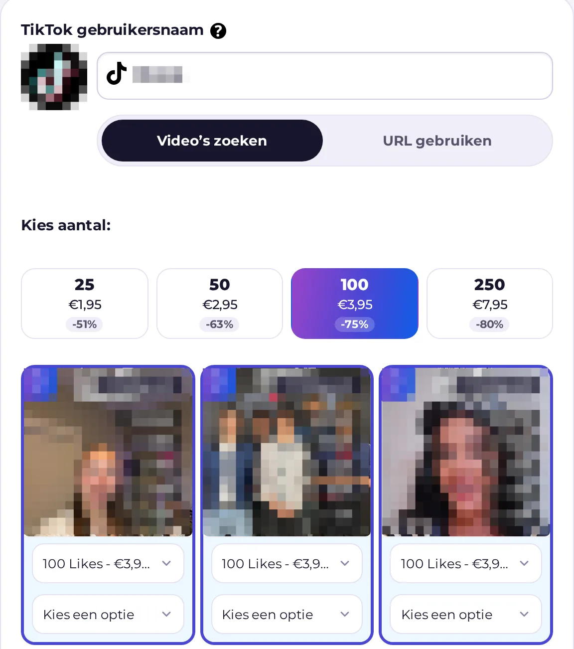 Videokiezer bij het bestellen van TikTok likes: je laatste video's worden opgehaald en je kiest met één klik de juiste video