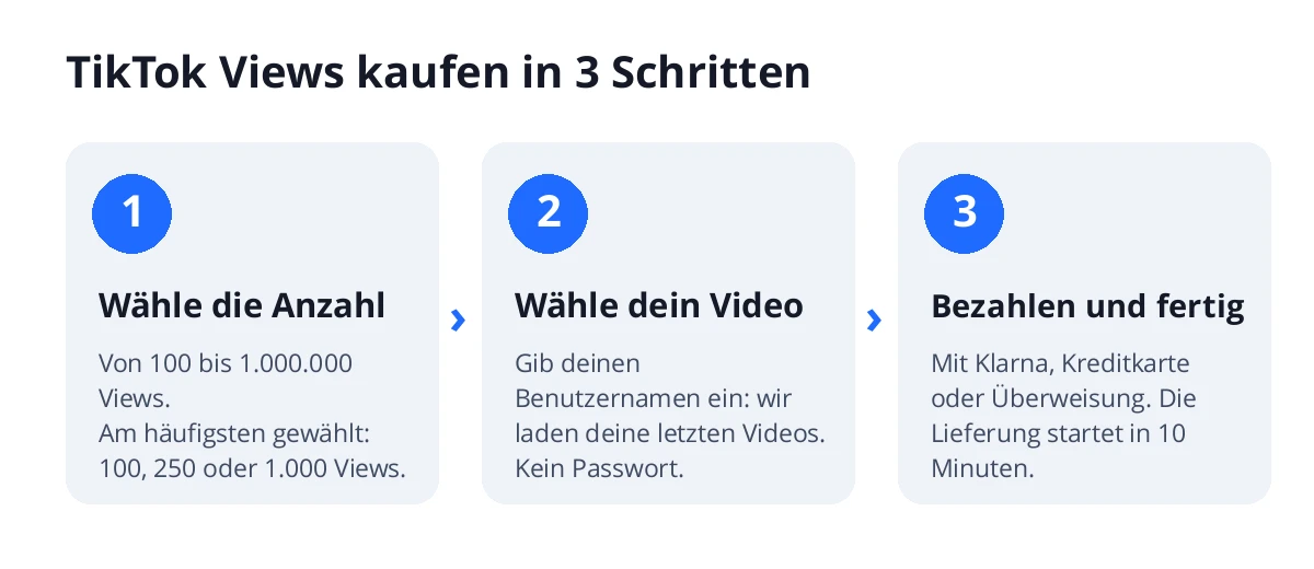 TikTok Views kaufen in 3 Schritten: Anzahl wählen, Video über deinen Benutzernamen auswählen und bezahlen
