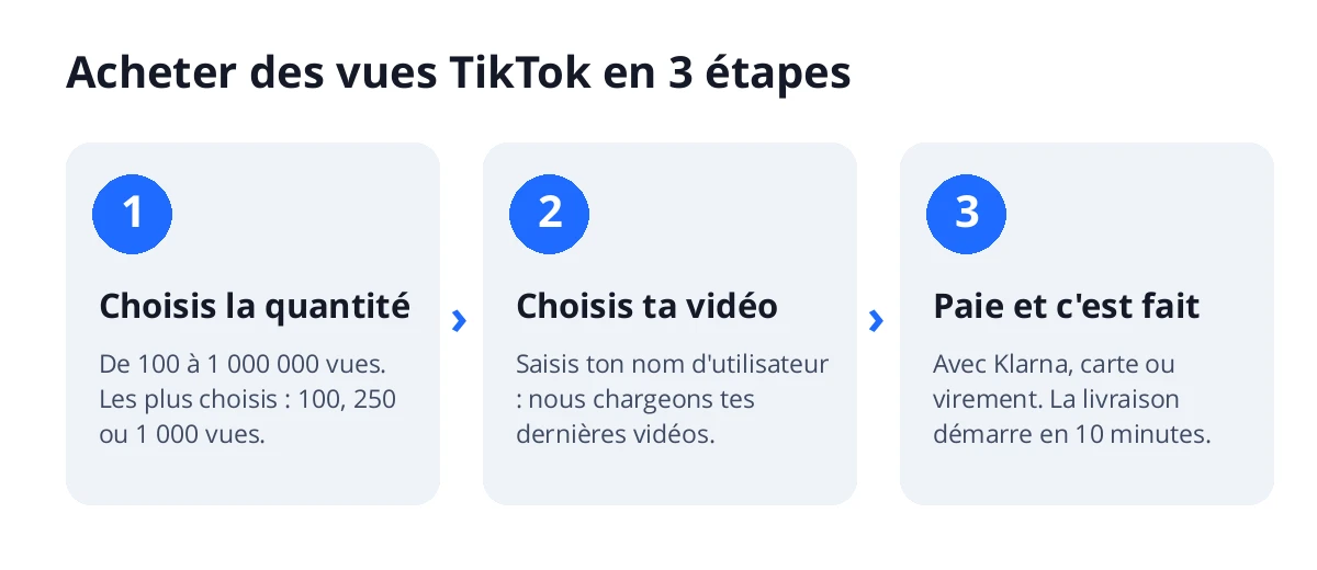 Acheter des vues TikTok en 3 étapes : choisis le nombre, choisis ta vidéo via ton nom d'utilisateur et paie