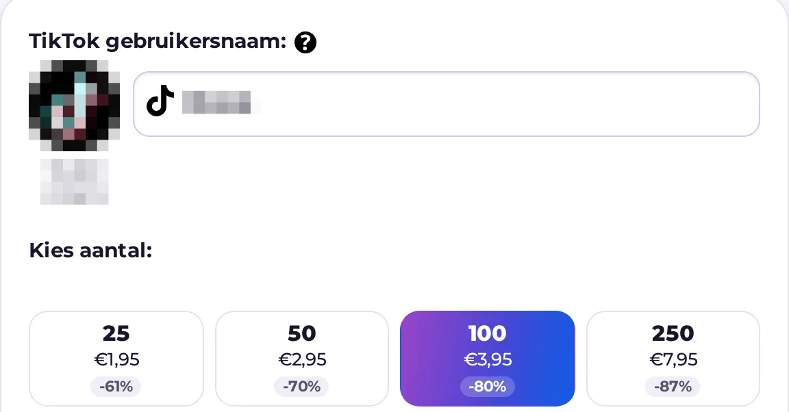 Bestelformulier voor TikTok volgers: profielfoto en aantal volgers na het invullen van de gebruikersnaam, het keuzemenu Kies aantal en een schuifbalk voor de snelheid