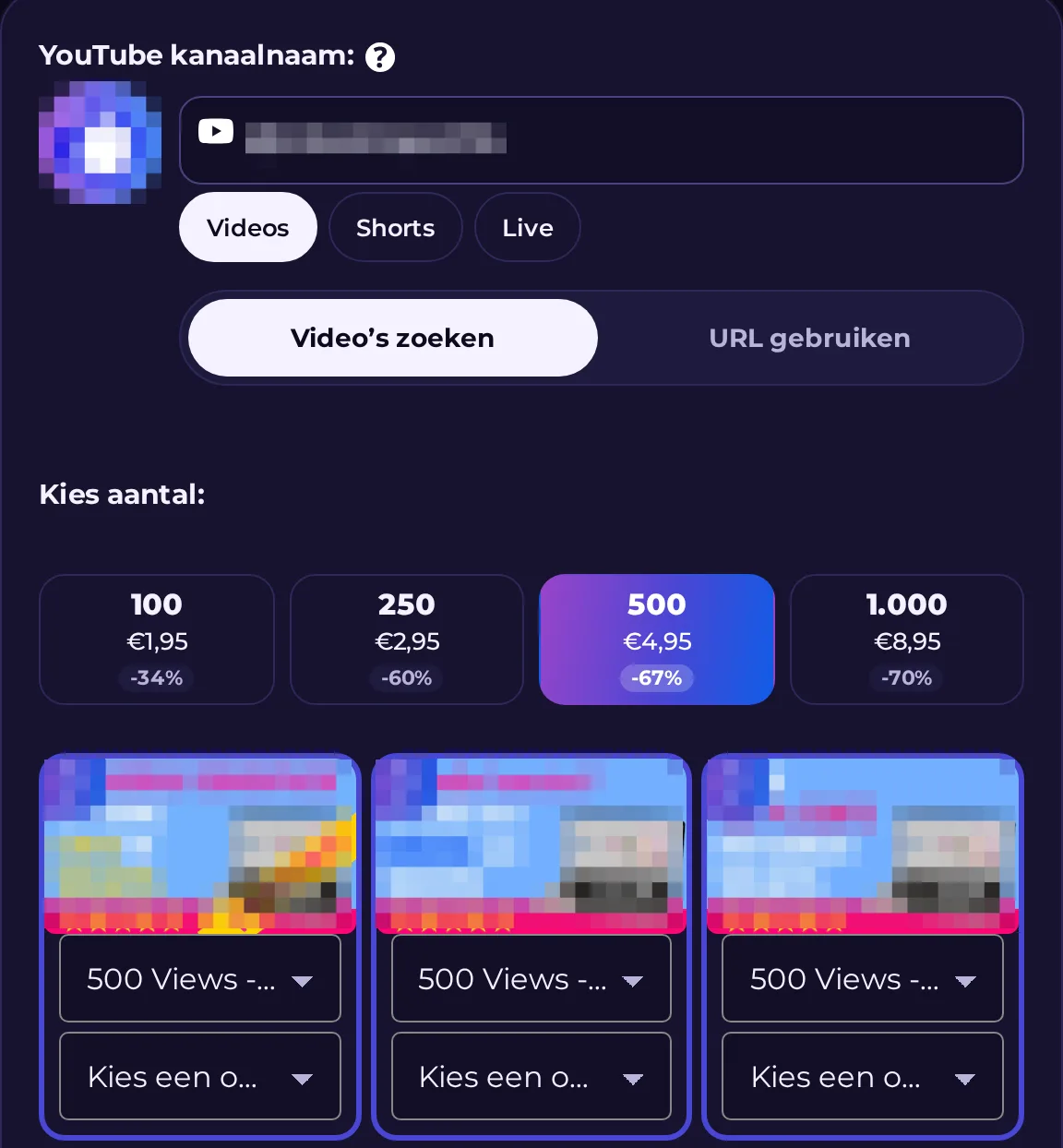 Videokiezer bij het bestellen van YouTube views: na het invullen van je kanaalnaam verschijnen je video's, Shorts en livestreams om uit te kiezen