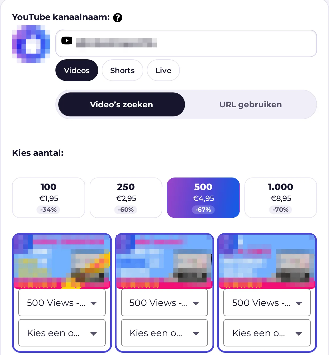 Videokiezer bij het bestellen van YouTube views: na het invullen van je kanaalnaam verschijnen je video's, Shorts en livestreams om uit te kiezen