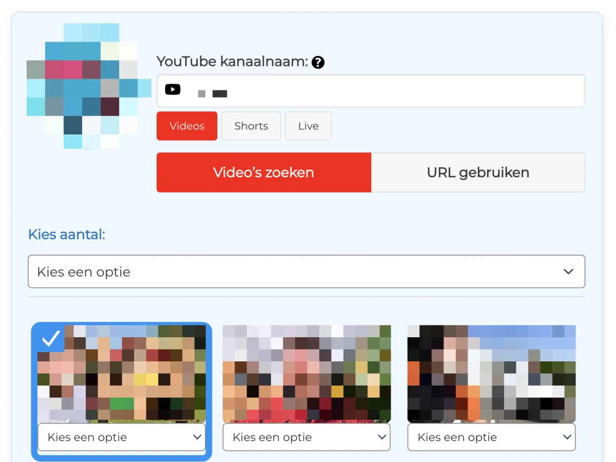Videokiezer bij het bestellen van YouTube views: na het invullen van je kanaalnaam verschijnen je video's, Shorts en livestreams om uit te kiezen